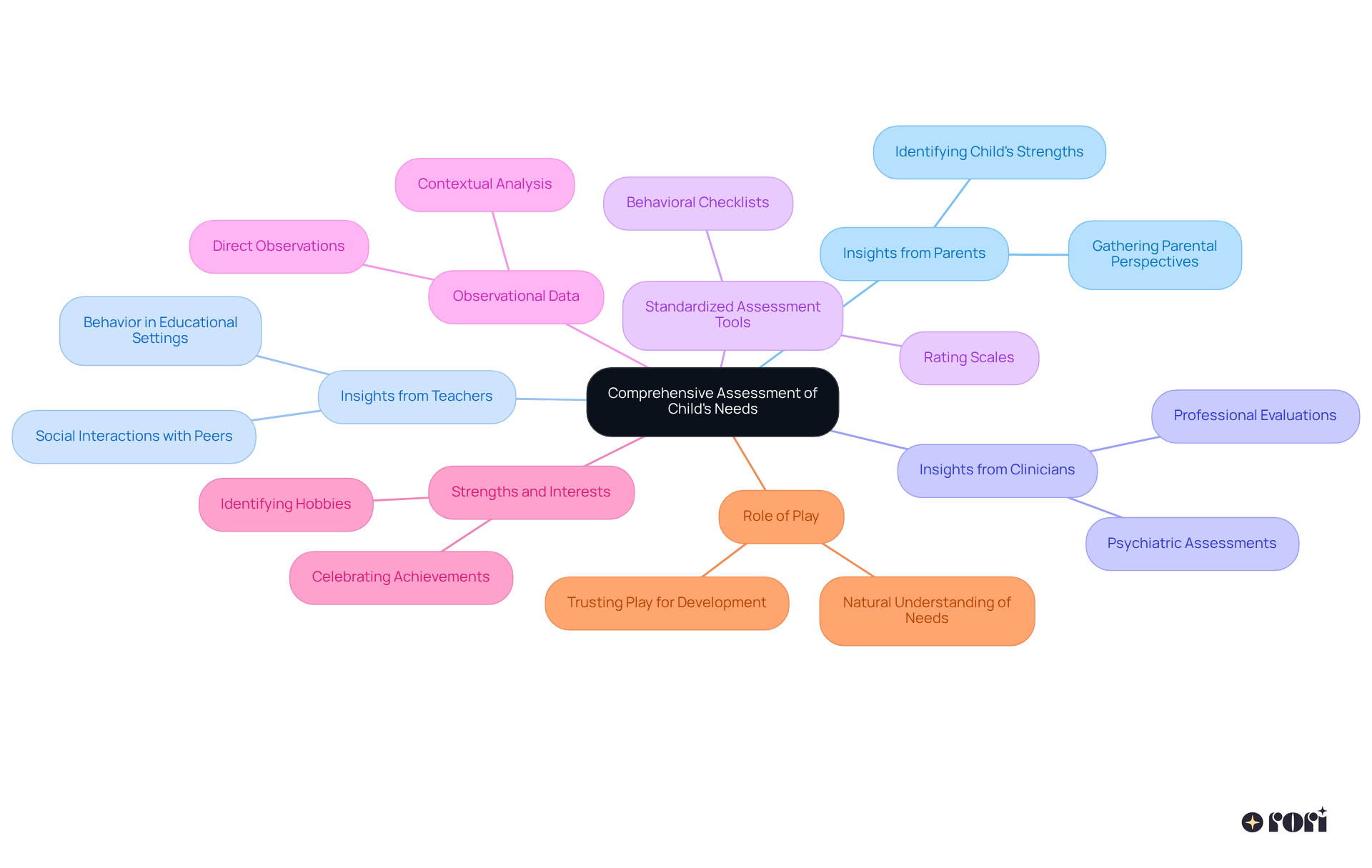 The central node represents the overall assessment process, while each branch highlights different sources of insights and tools used. Sub-branches provide further details, making it easy to see how everything connects.