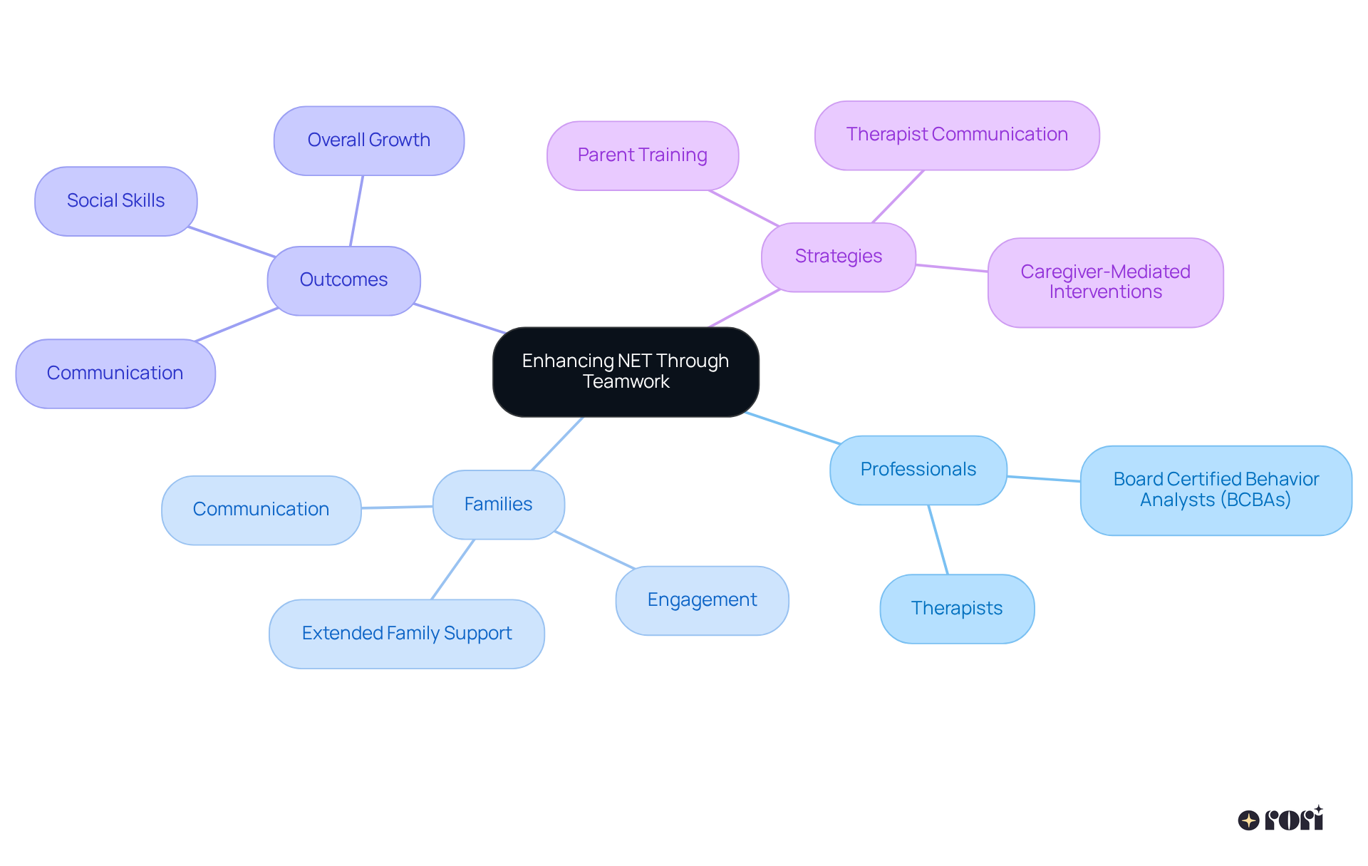 At the center is the main idea of teamwork in NET. Branch out to see how professionals and families connect, and what positive outcomes arise from this collaboration.