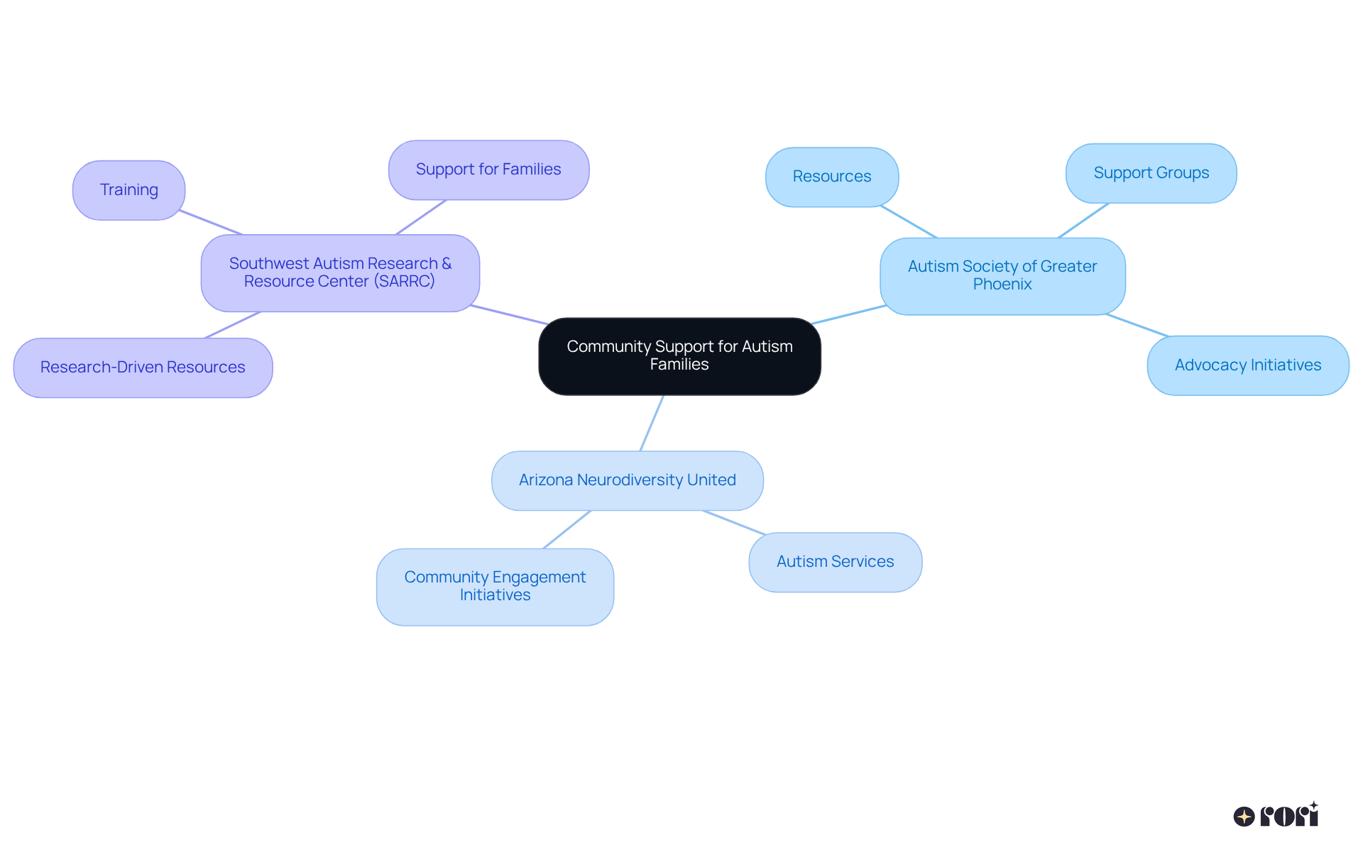 In the center, you’ll find the main theme of community support. As you branch out, each organization is represented along with what they offer. This layout helps you see how each resource can assist families facing similar challenges.