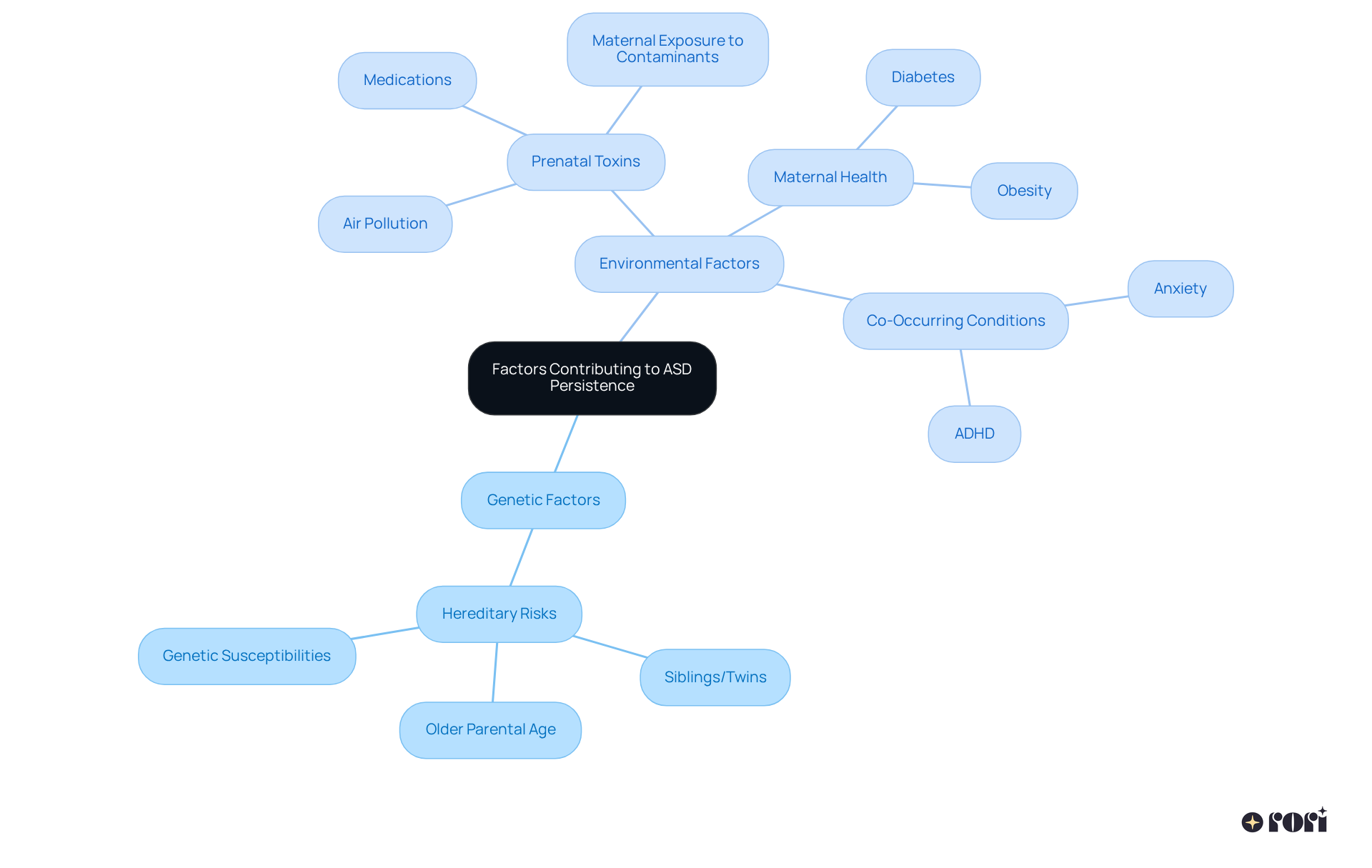The central node represents the main topic, while the branches show the key factors influencing ASD. Each color-coded branch highlights different categories, making it easy to see how various elements contribute to the overall persistence of ASD.