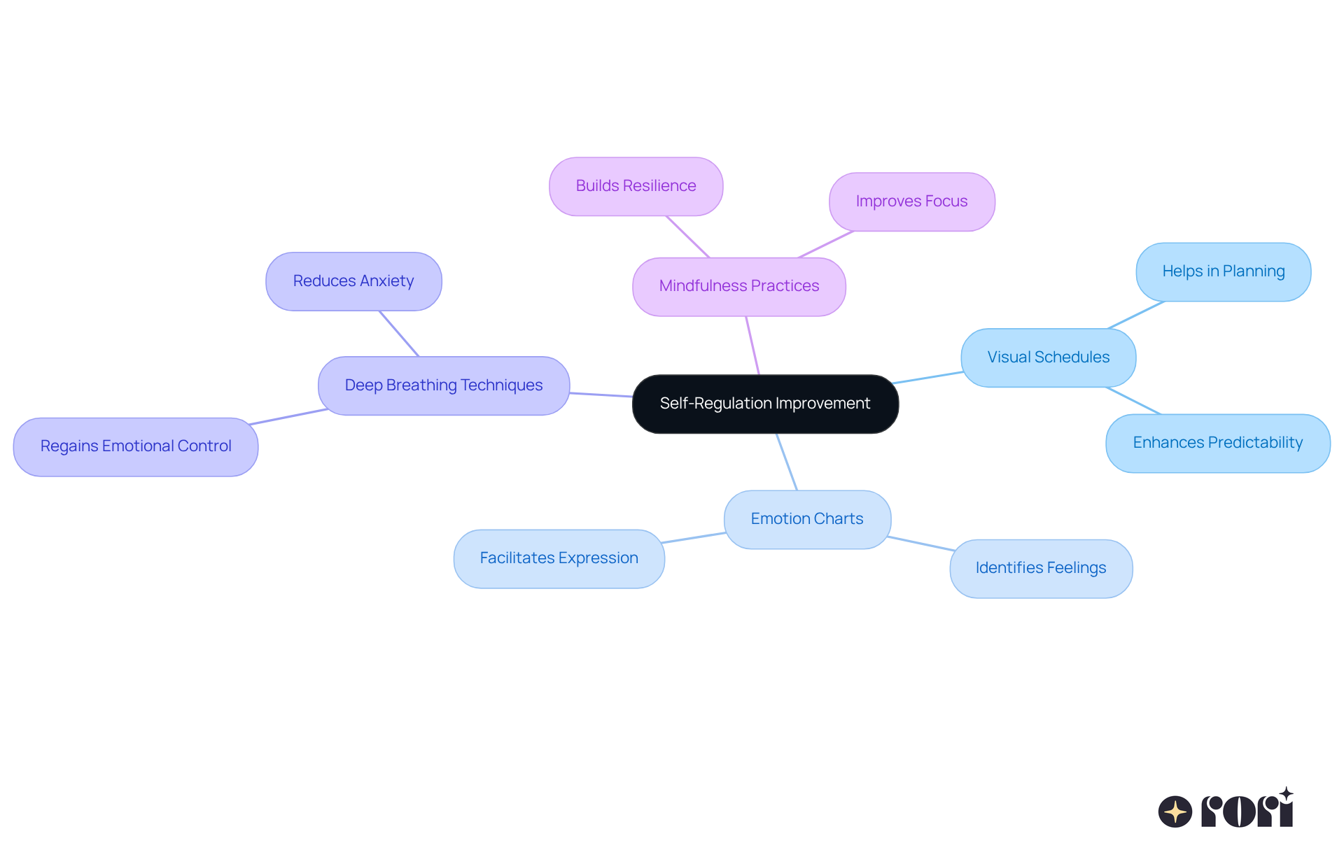 The center represents the main goal of self-regulation, and each branch shows a strategy that supports this goal. Follow the branches to see how each method contributes to managing emotions and behaviors.