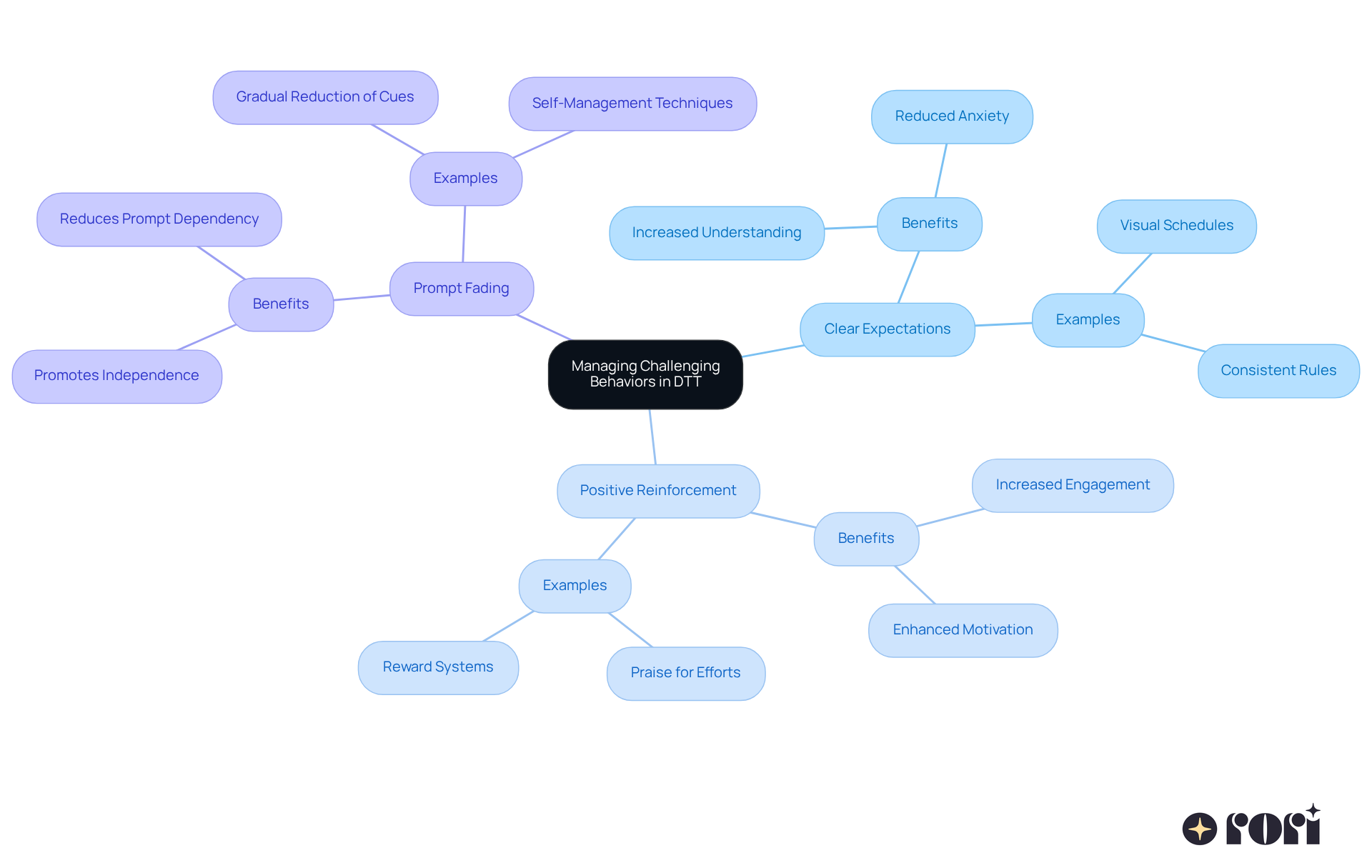 The center shows the main focus of behavior management. Each branch highlights a strategy, with further details on how it contributes to positive outcomes. The colors help differentiate each strategy for easy understanding.