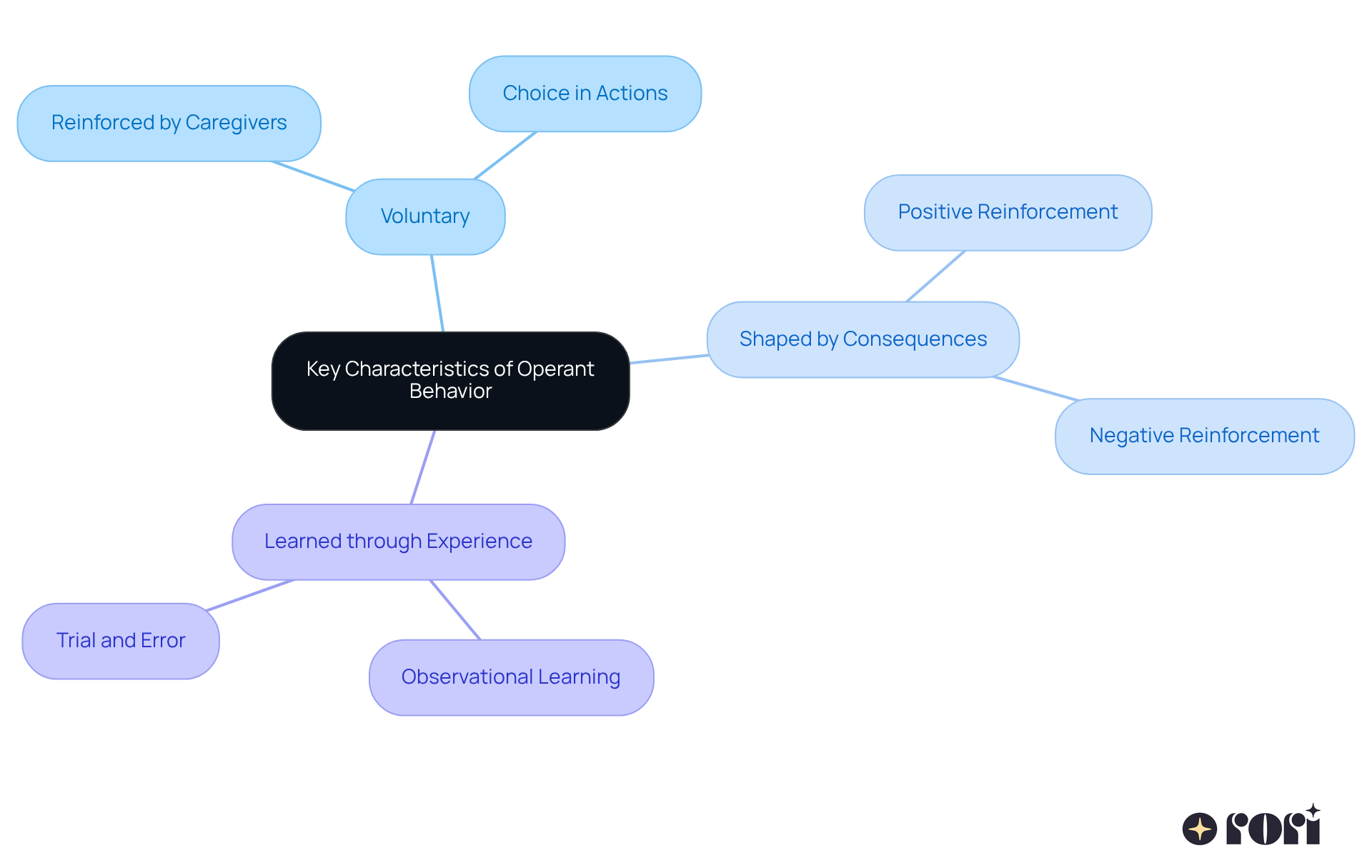 The center node represents the main concept, and each branch highlights a key characteristic. The sub-branches provide additional details or examples, helping to clarify how these characteristics interact with behavior.