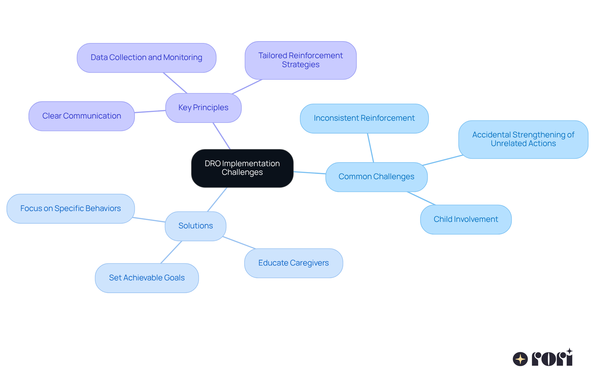 The center shows the main topic, and the branches illustrate the challenges, solutions, and principles related to DRO. Each subtopic further breaks down the ideas to help you understand how they connect.