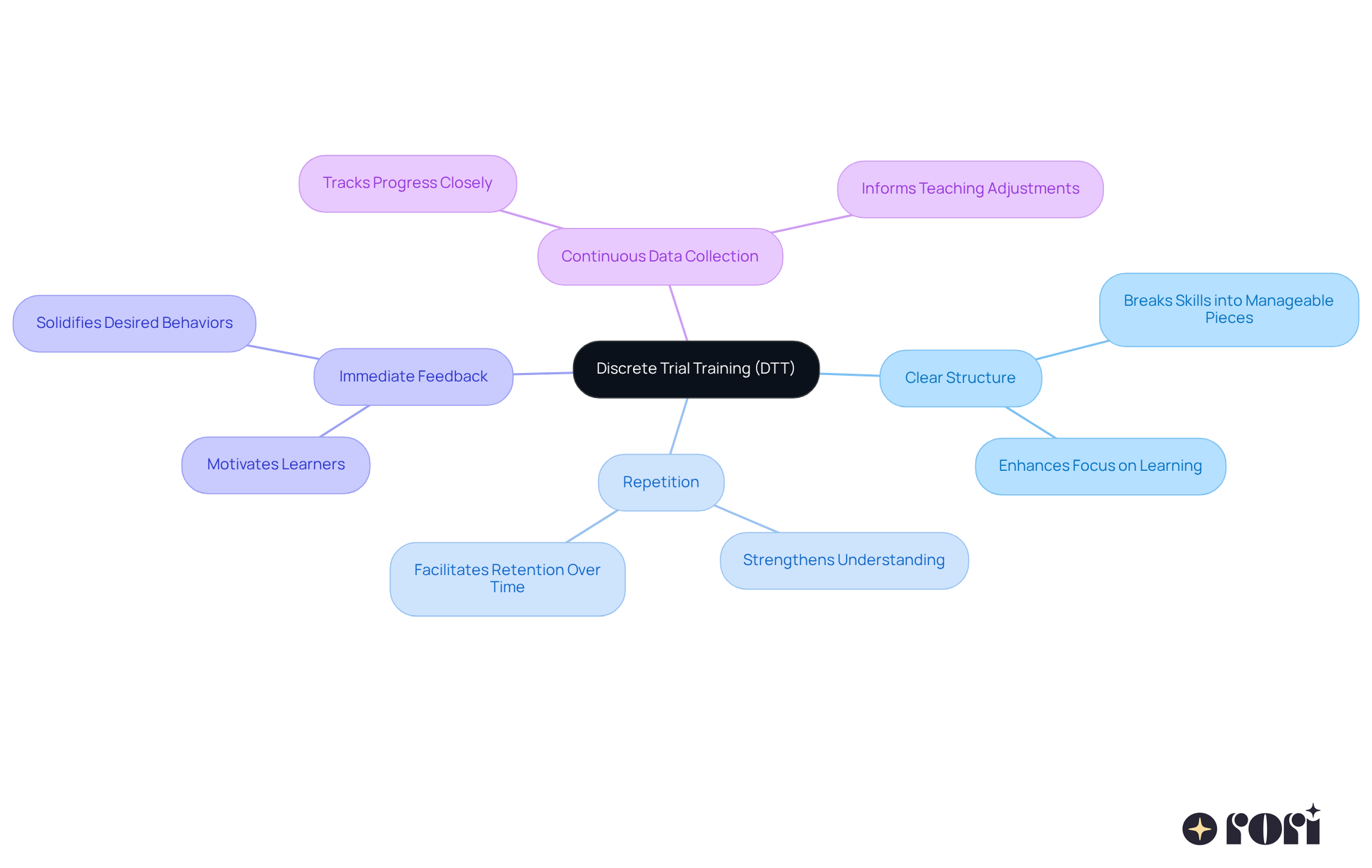 The central node represents DTT, and each branch shows a key principle that supports effective learning. Explore how these principles connect and contribute to nurturing independence in children with autism.