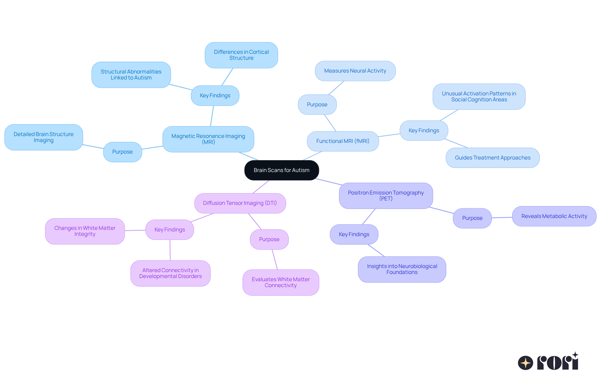 The central node represents the overall topic of brain scans for autism, while the branches illustrate different scan types. Each branch elaborates on what each scan can reveal about autism, helping viewers understand their significance.