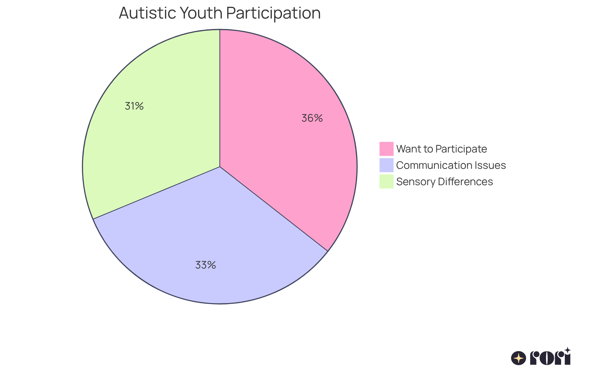 The large slice represents the majority who want to participate in sports. The other slices show the challenges they face — the bigger the slice, the more significant the barrier. The large slice represents the majority who want to participate in sports. The other slices show the challenges they face — the bigger the slice, the more significant the barrier.