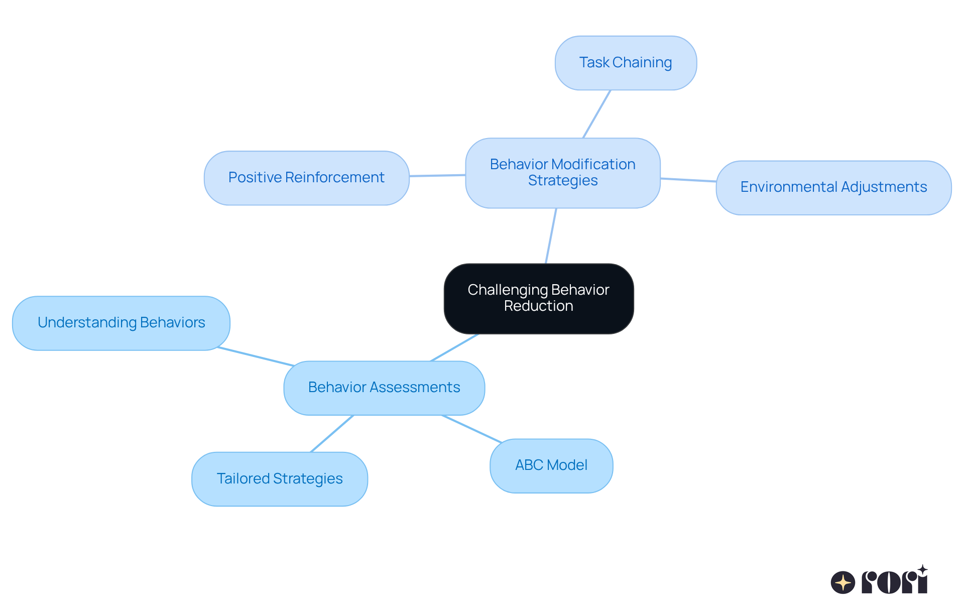 The central node represents the overall goal of reducing challenging behaviors. Each branch shows key areas of focus, with sub-branches detailing strategies and tools that support each approach. This visual helps you understand the connections and the comprehensive strategy for improving behavior.