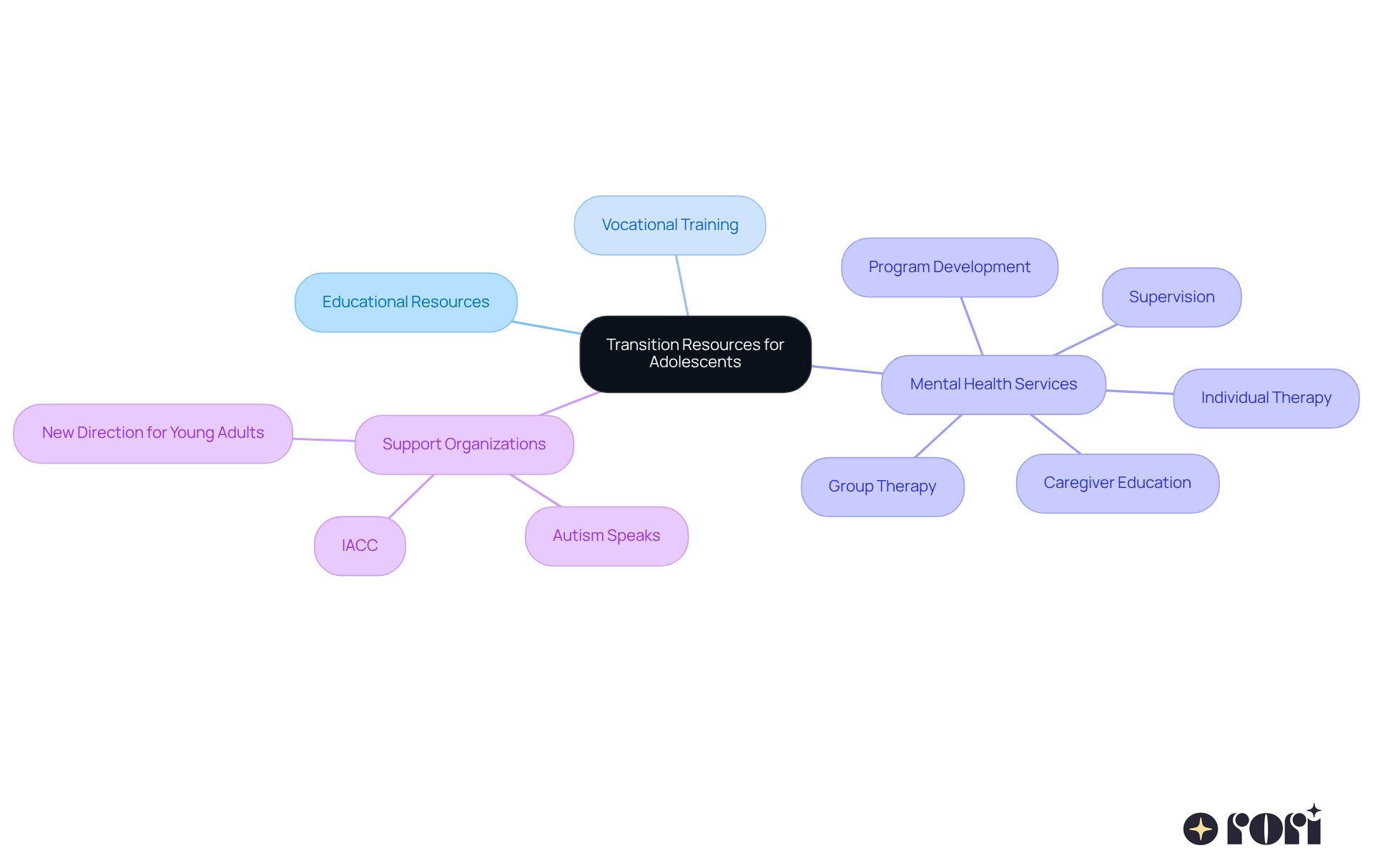 The central node represents the main theme of transition resources, while the branches show different categories of support. Each sub-branch details specific services or organizations that can help during this important transition.