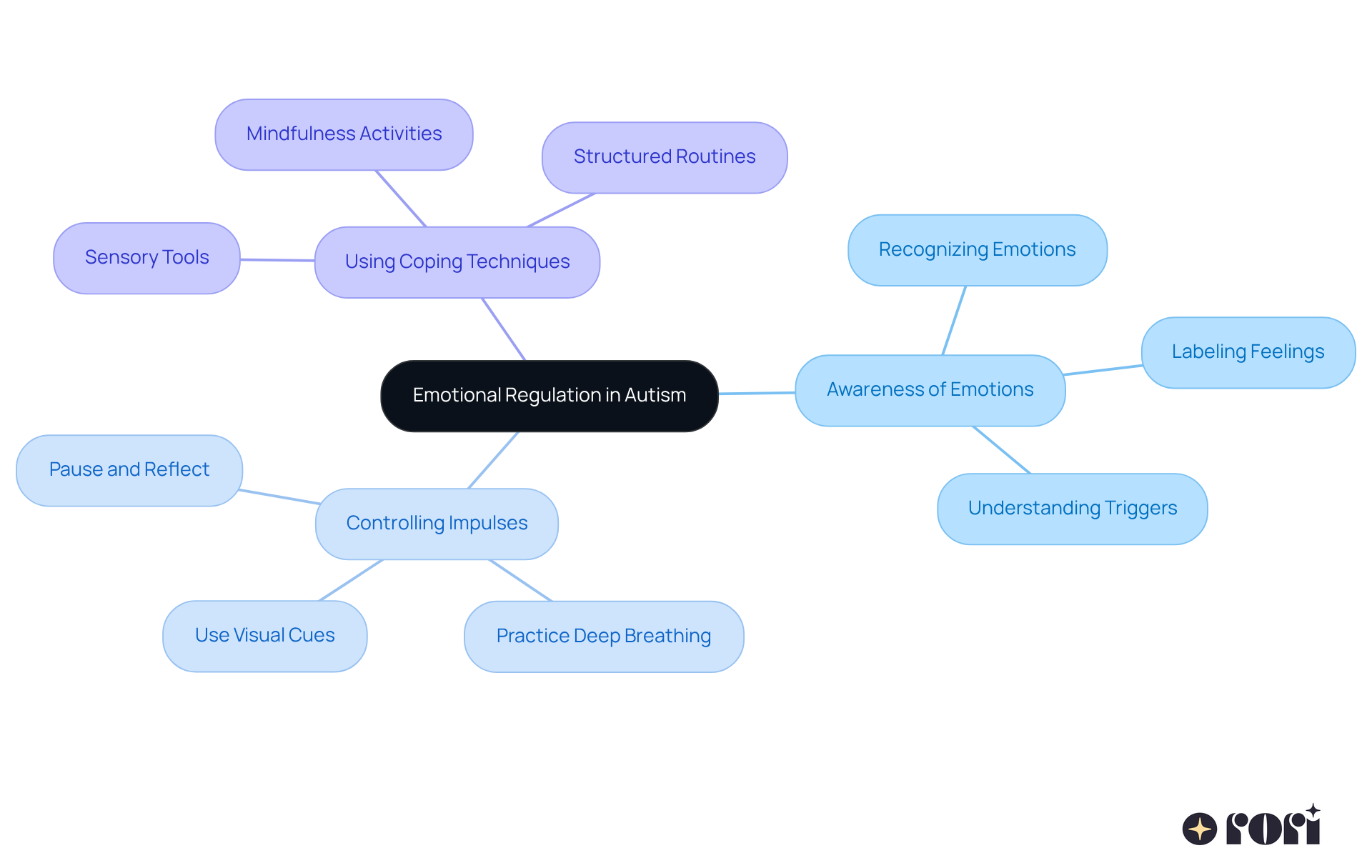 The center represents the main idea of emotional regulation, while the branches show the key aspects that can help support children on the autism spectrum. Each branch can be explored for more detailed tips and strategies. The center represents the main idea of emotional regulation, while the branches show the key aspects that can help support children on the autism spectrum. Each branch can be explored for more detailed tips and strategies.