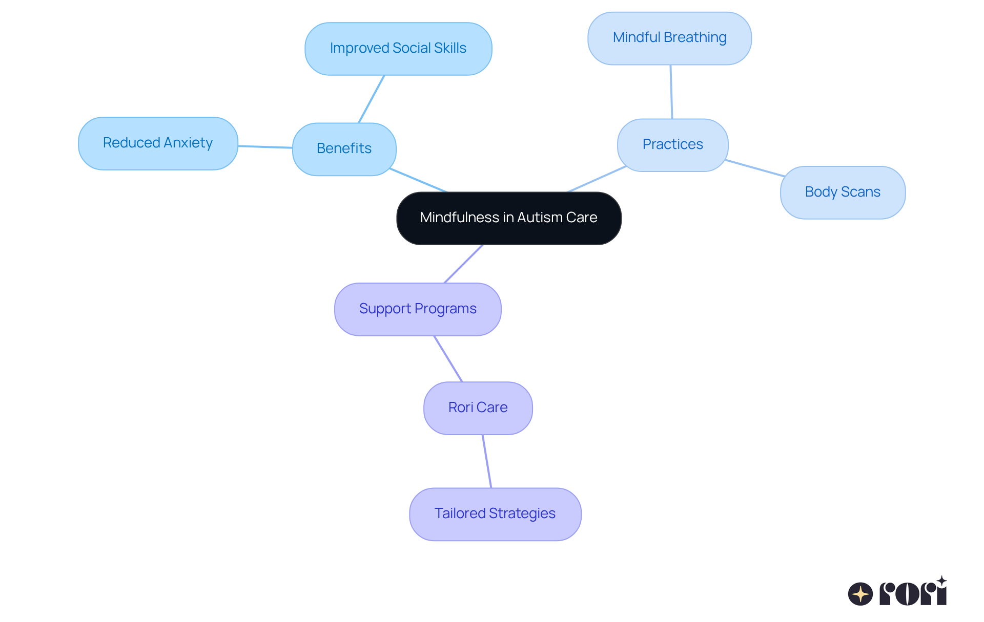 The center represents the main theme of mindfulness in autism care. Each branch shows a related topic, helping you see how mindfulness can support emotional regulation and social skills for children with autism.