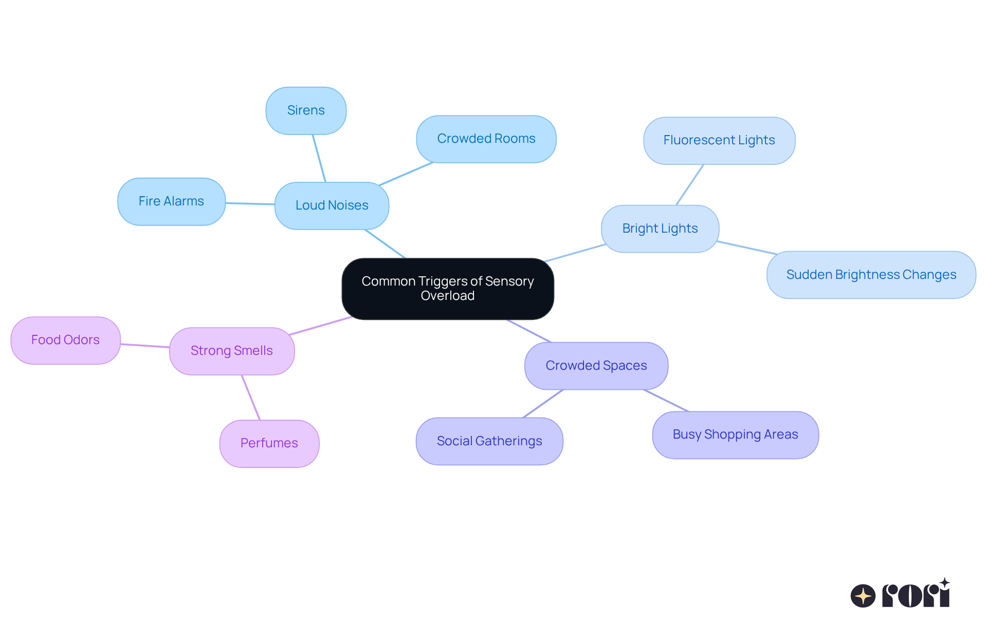 The center shows the main issue of sensory overload, and the branches represent different triggers. Each color-coded branch helps you see what specific things can cause discomfort for children with autism.