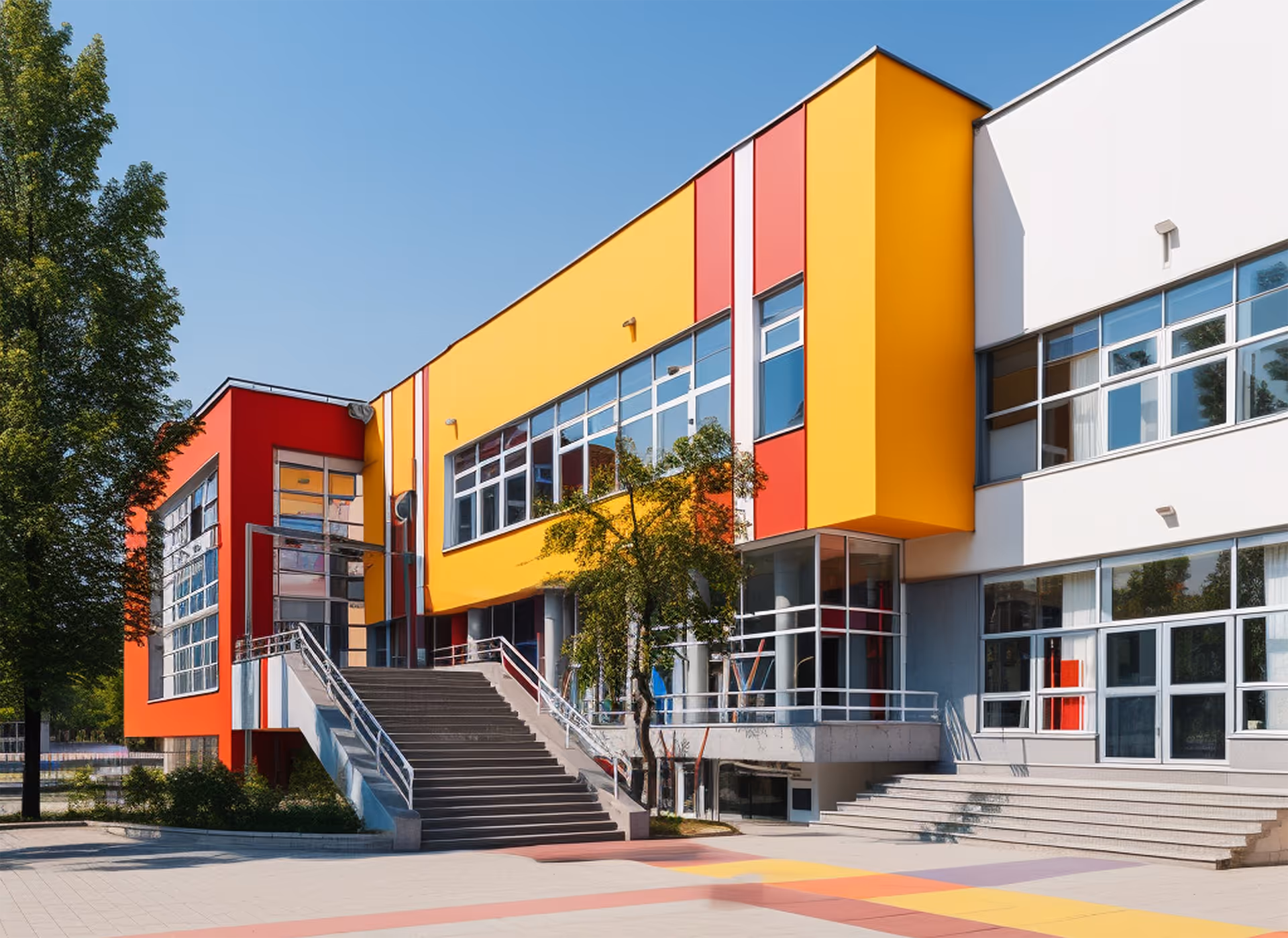 Yellow and red exterior modern school with steps leading up