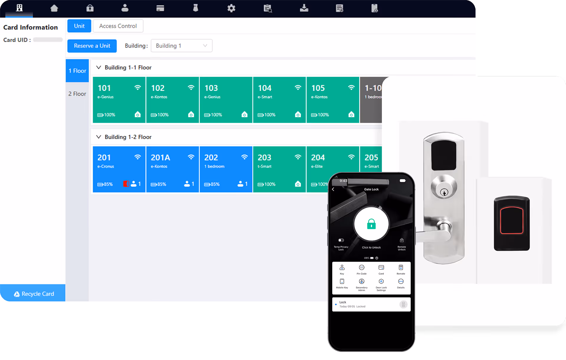 AegisSecure software with Aegis mobile app, e-Kestros exit device trim, and wall reader.