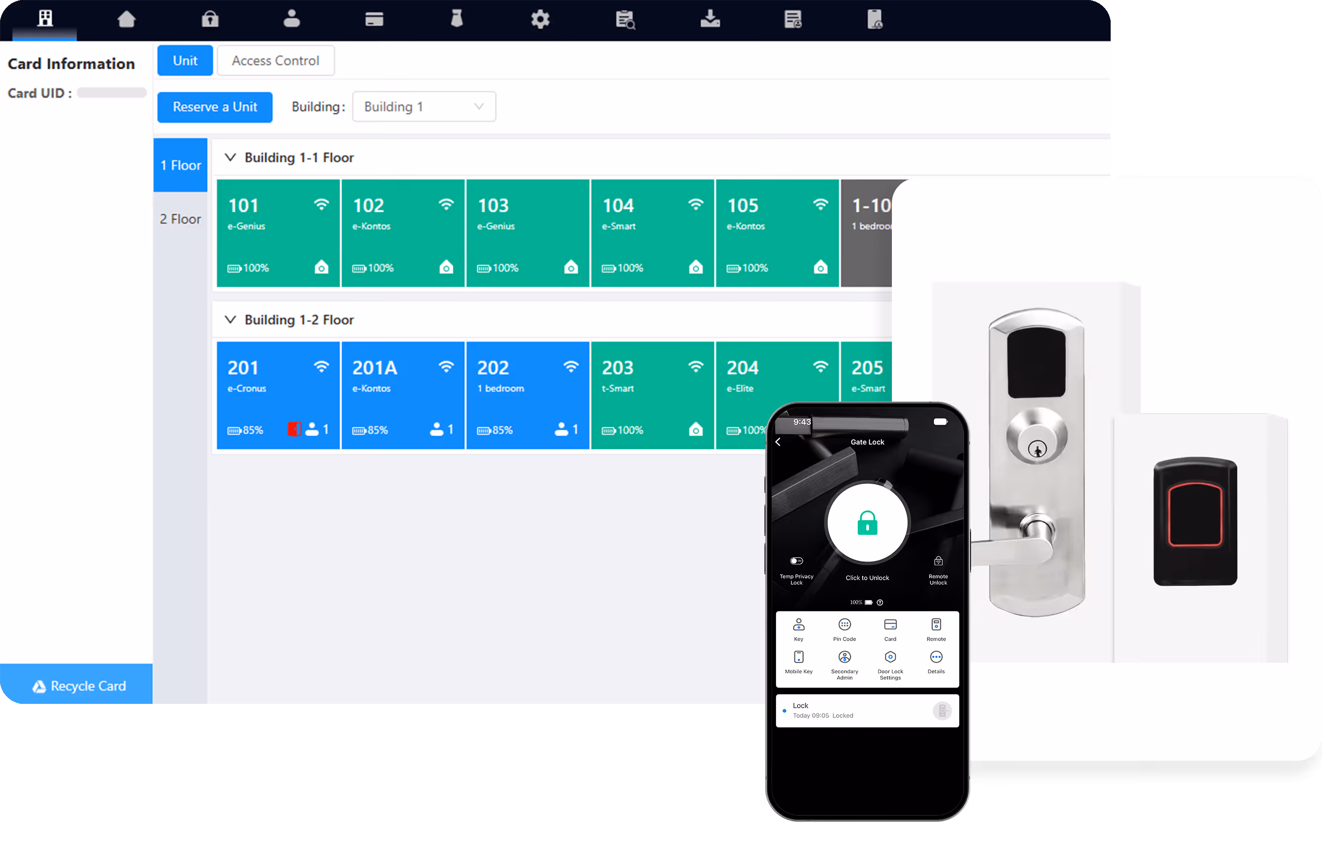 AegisSecure software with Aegis mobile app, e-Kestros exit device trim, and wall reader.