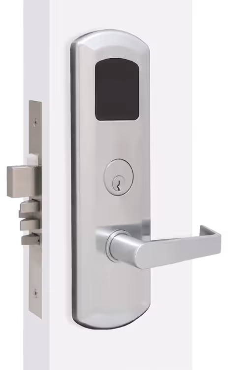 e-Kontos 6000 series door lock in satin stainless steel with keypad and mechanical key override.