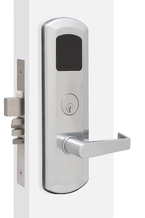e-Kontos 6000 series door lock in satin stainless steel with keypad and mechanical key override.