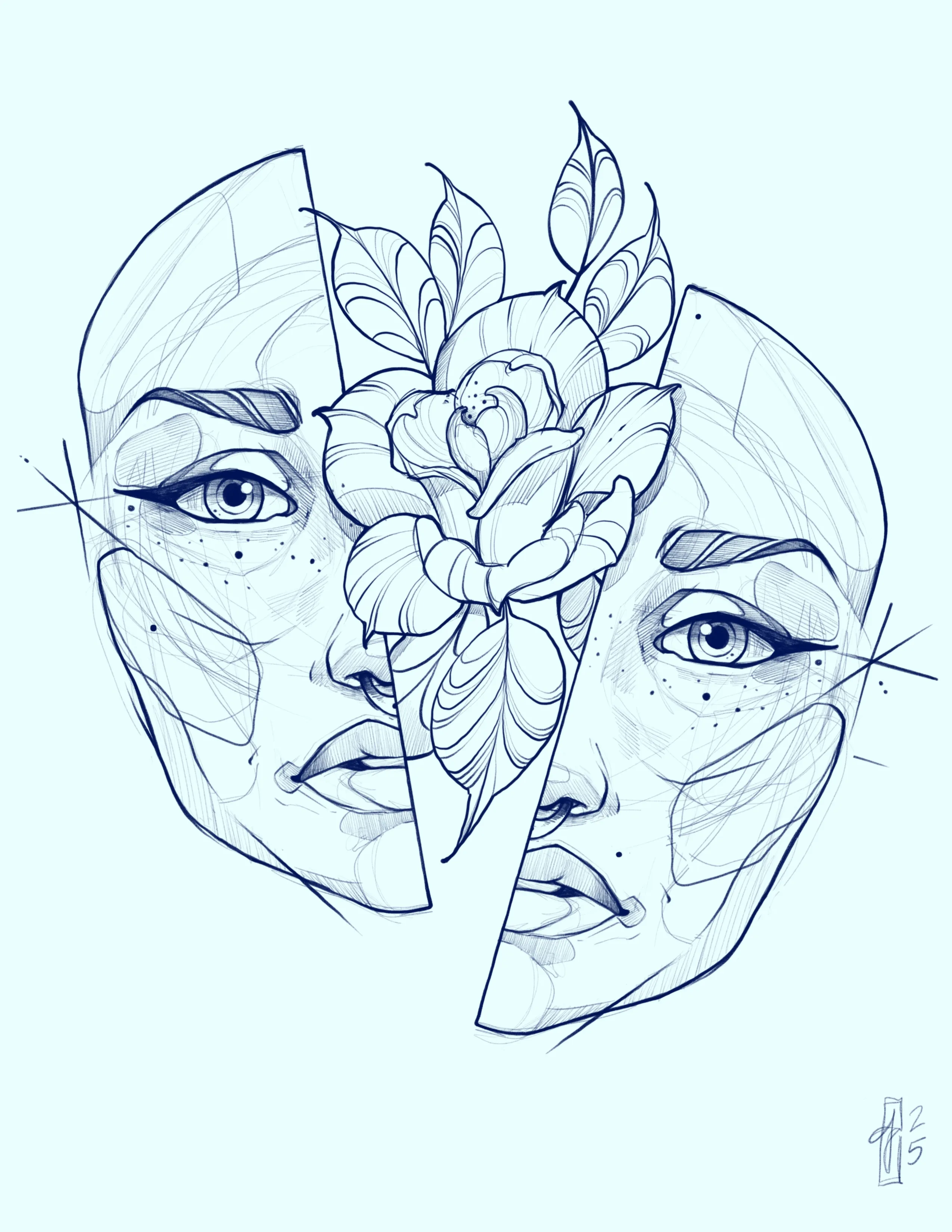 Split Face And Rose Drawing