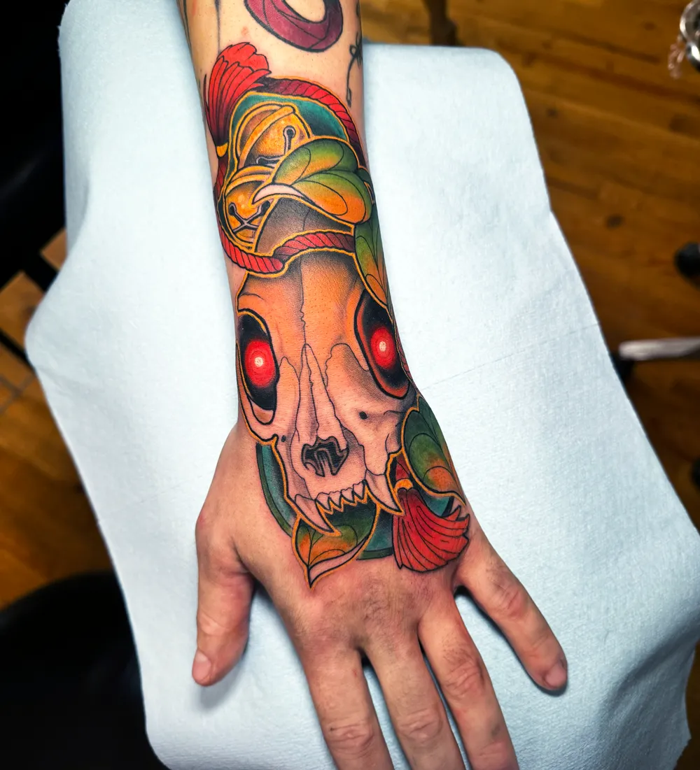 Cat Skull Hand Tattoo