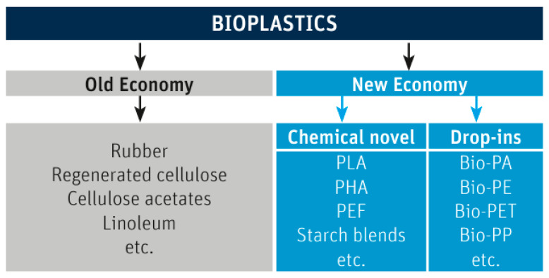 Bioplastic materials: old economy vs new economy