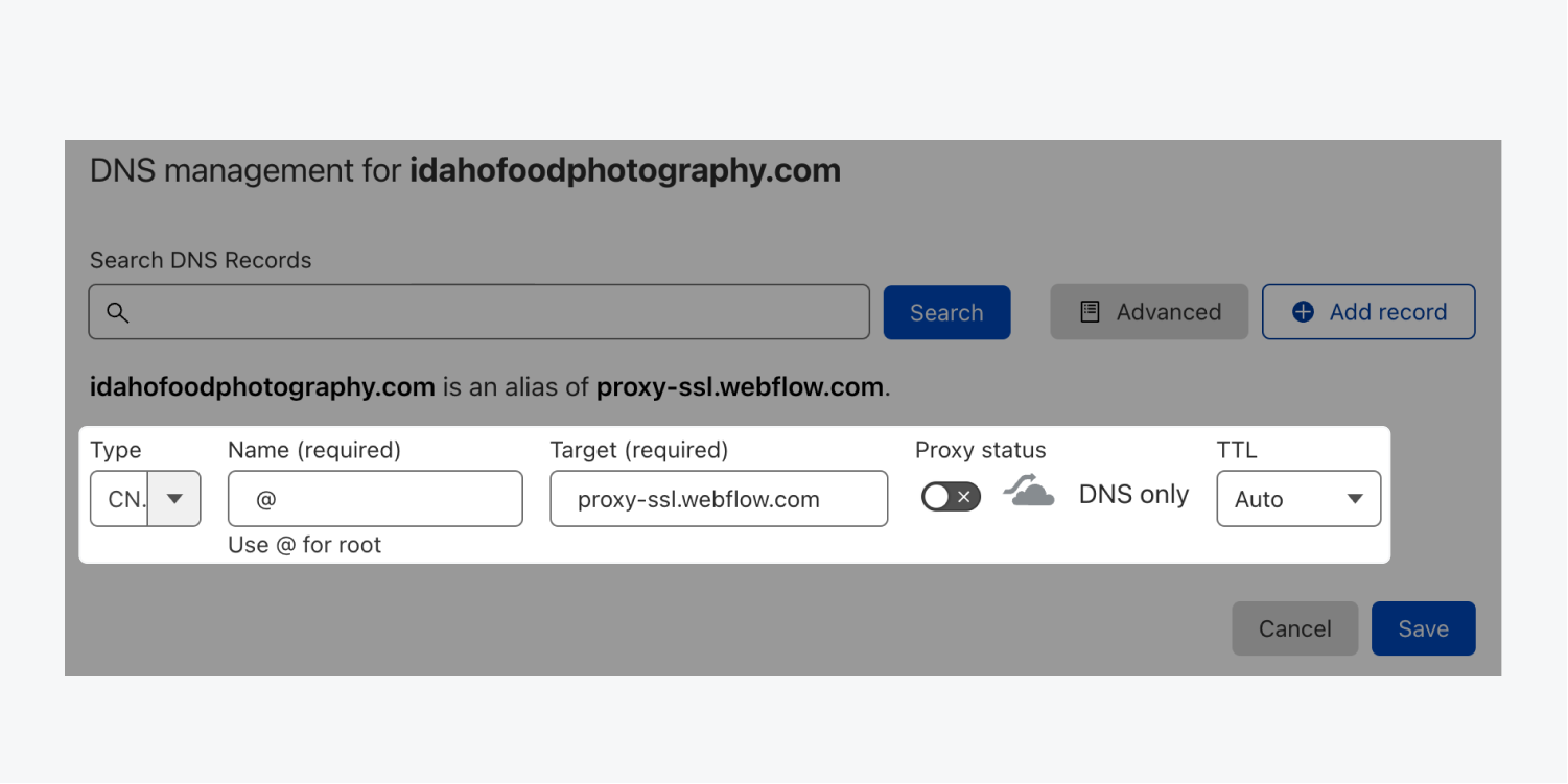 A CNAME record with name @ and target proxy-ssl.webflow.com in Cloudflare’s DNS management. The proxy status is set to DNS only and TTL is set to Auto.