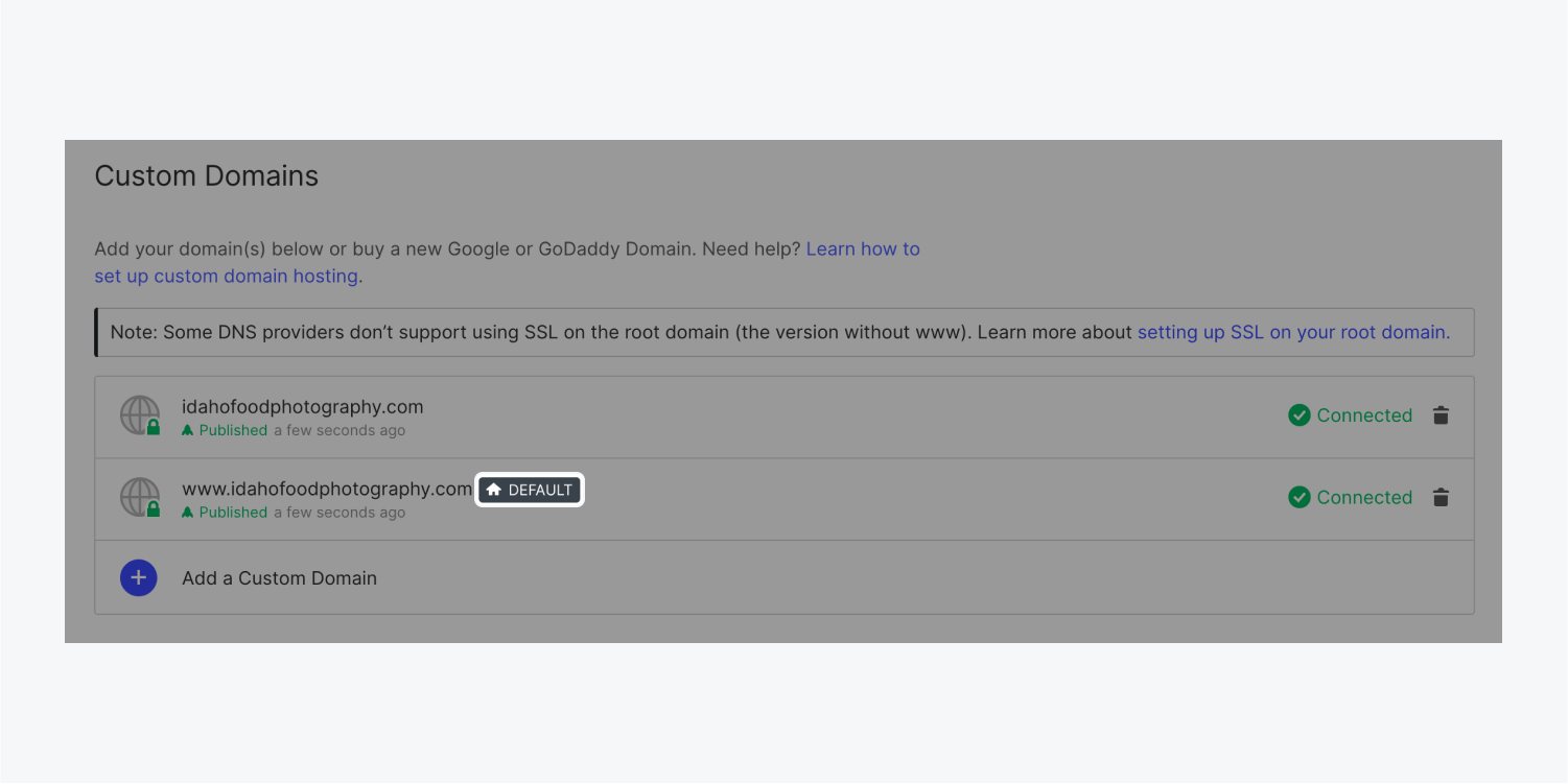 The custom domains section of Webflow’s publishing tab. The “default” indicator is highlighted next to the www subdomain.