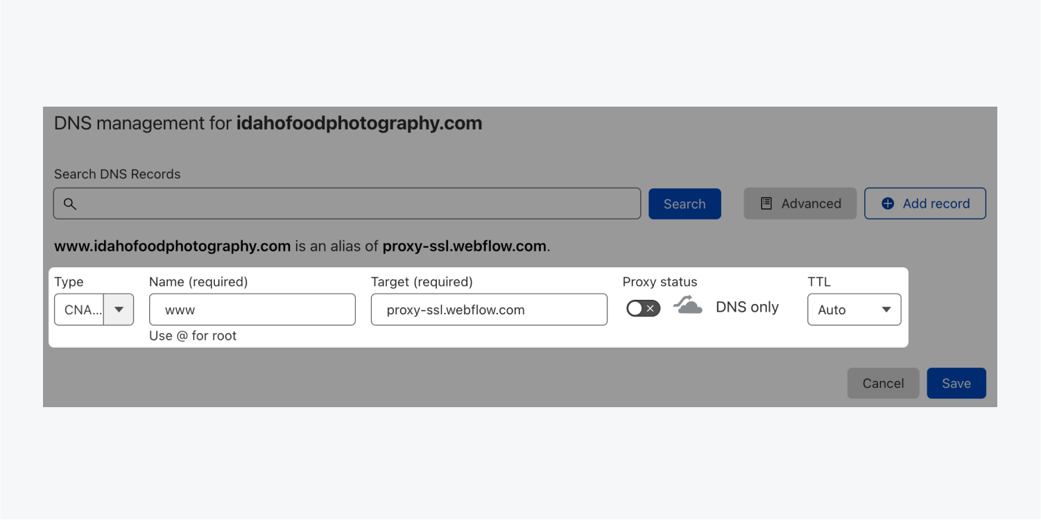 A CNAME record with name www and target proxy-ssl.webflow.com in Cloudflare’s DNS management. The proxy status is set to DNS only and TTL is set to Auto.