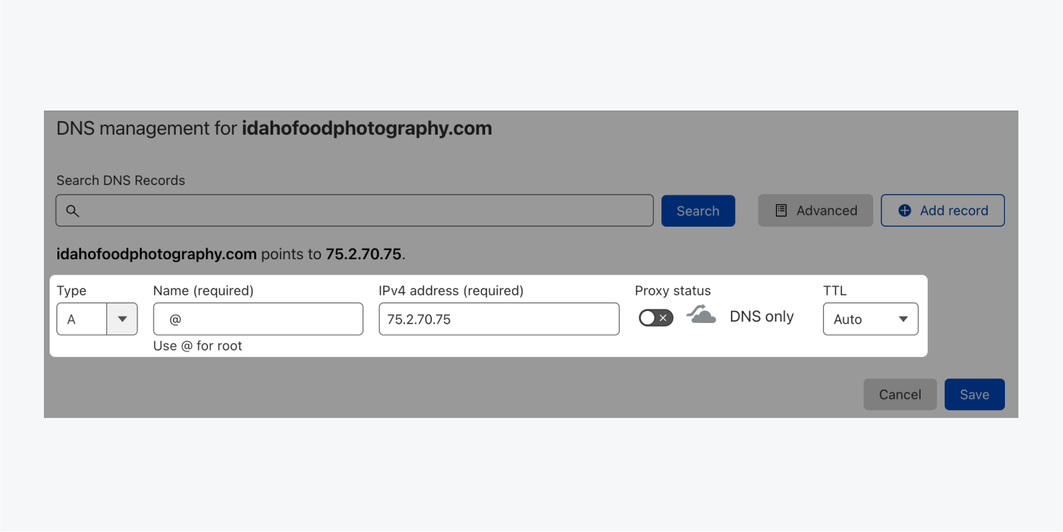 An A record with name @ and target 75.2.70.75 in Cloudflare’s DNS management. The proxy status is set to DNS only and TTL is set to Auto.