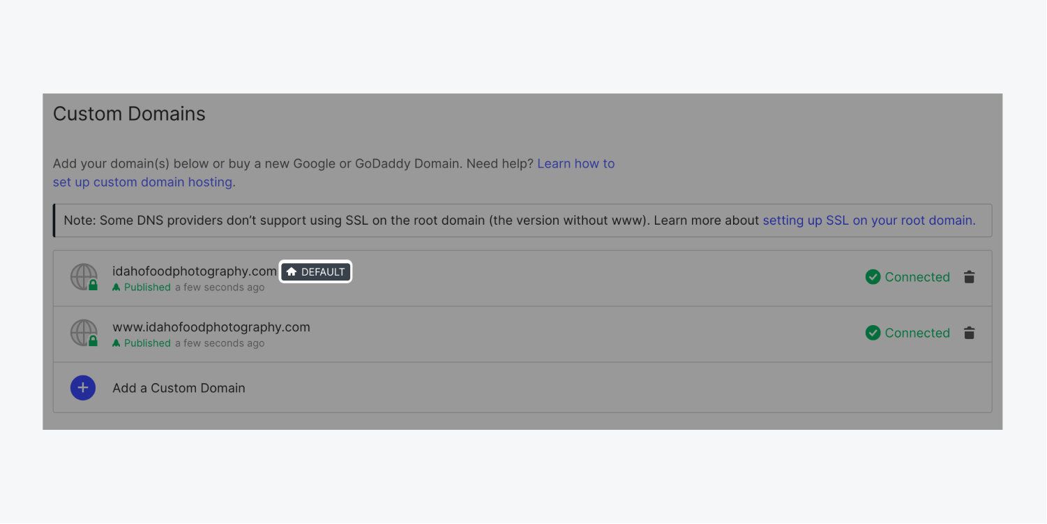 The custom domains section of Webflow’s publishing tab. The “default” indicator is highlighted next to the root domain.
