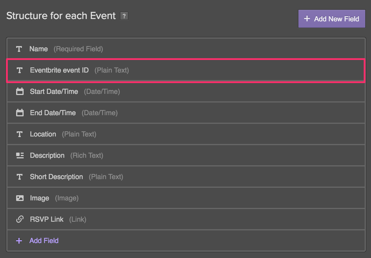 Structure of an example event Collection, with the Eventbrite event ID plain text field.