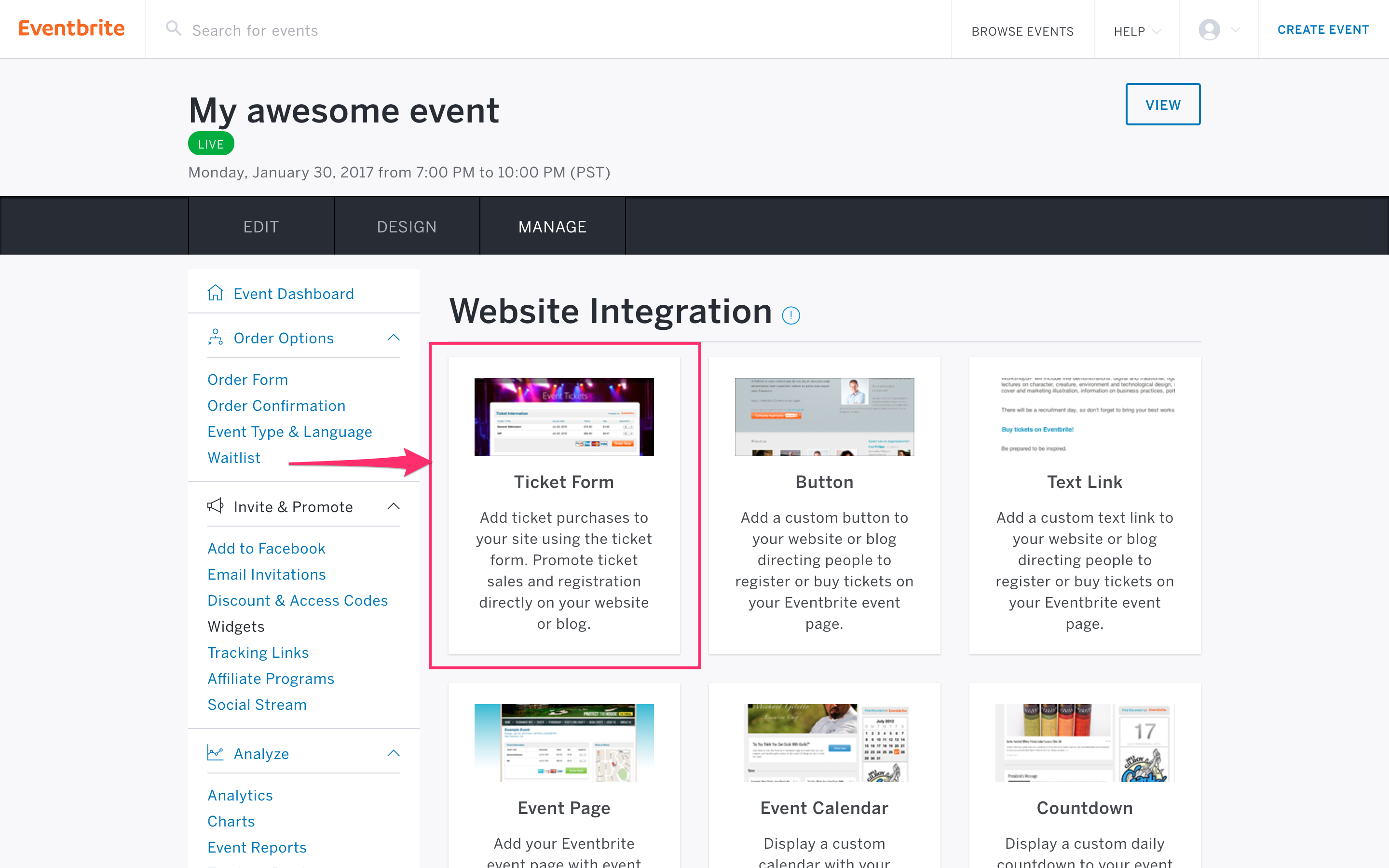 In the Eventbrite settings, select the Ticket Form widget.