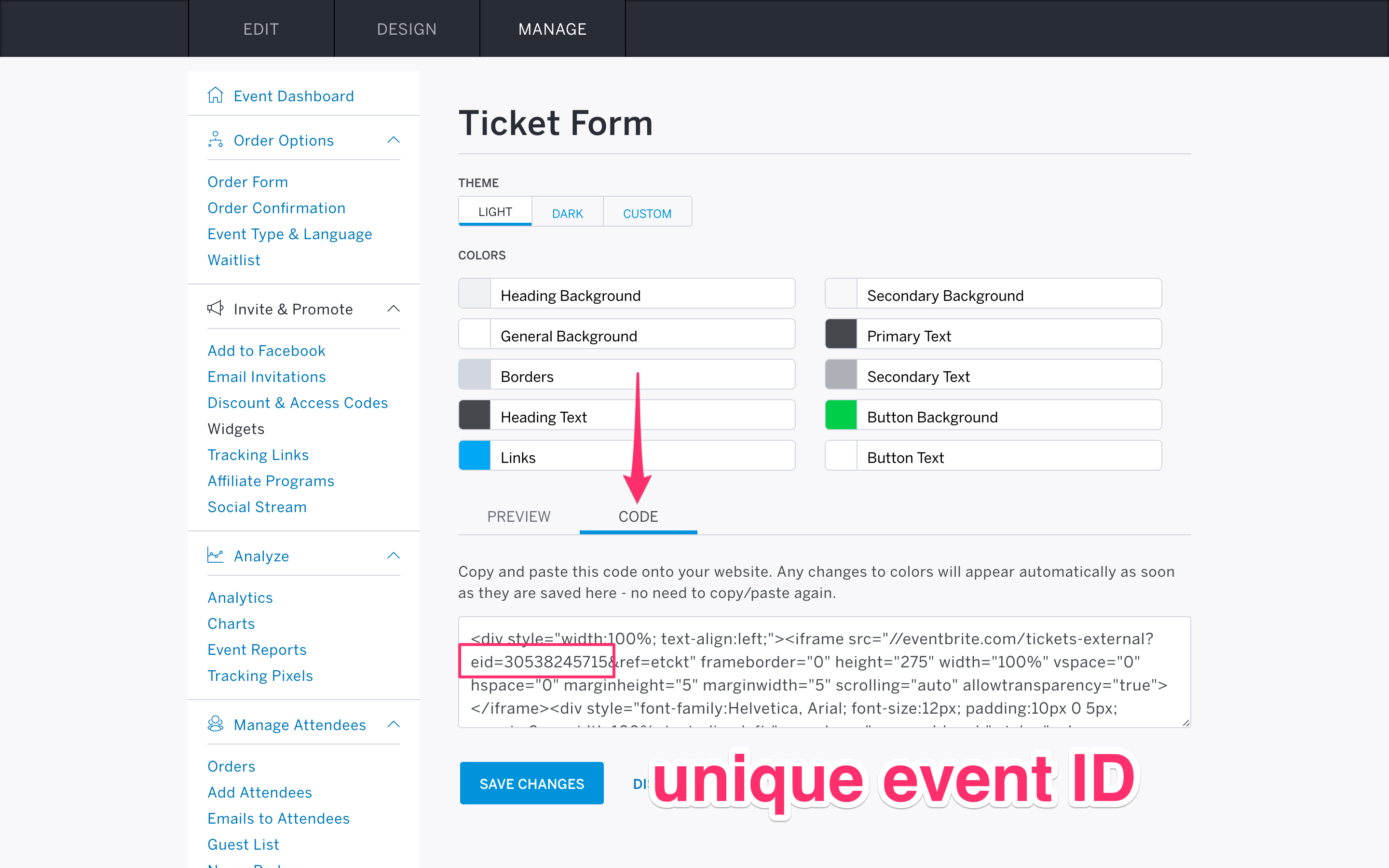 Location of the embed code in your event settings.