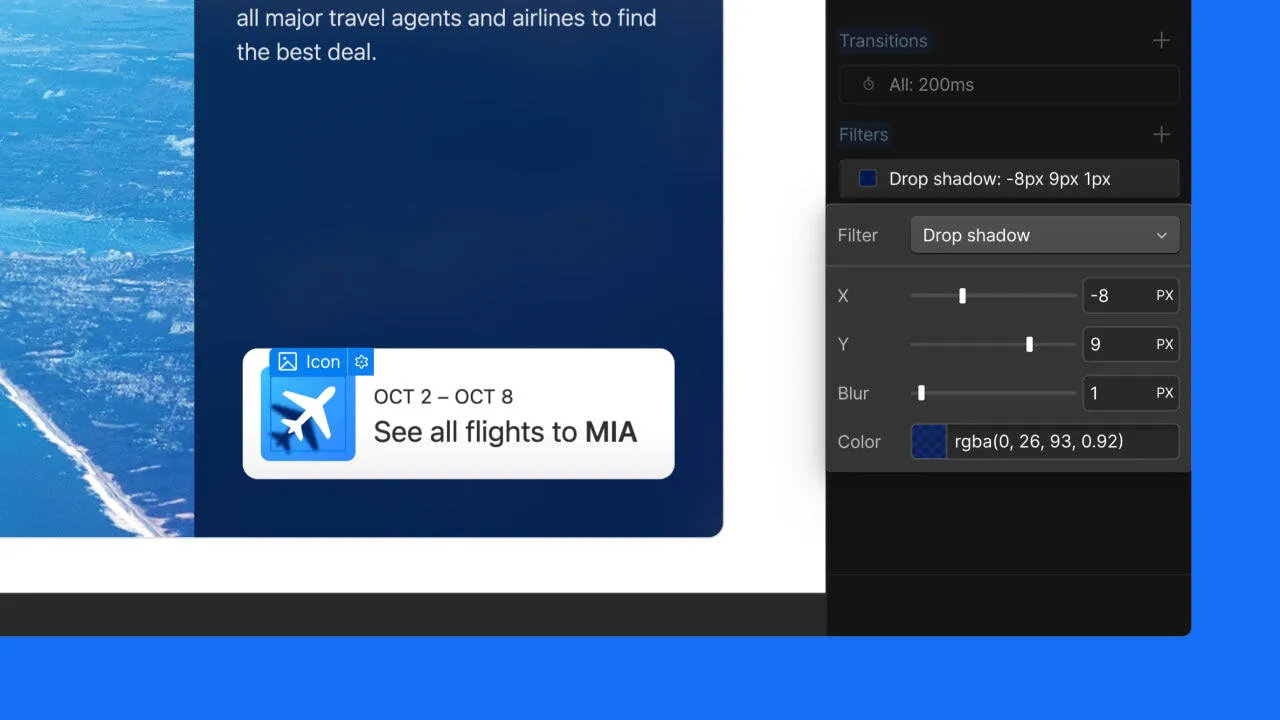 A user creating an airplane-shaped drop shadow beneath an airplane icon, using the drop shadow filter property
