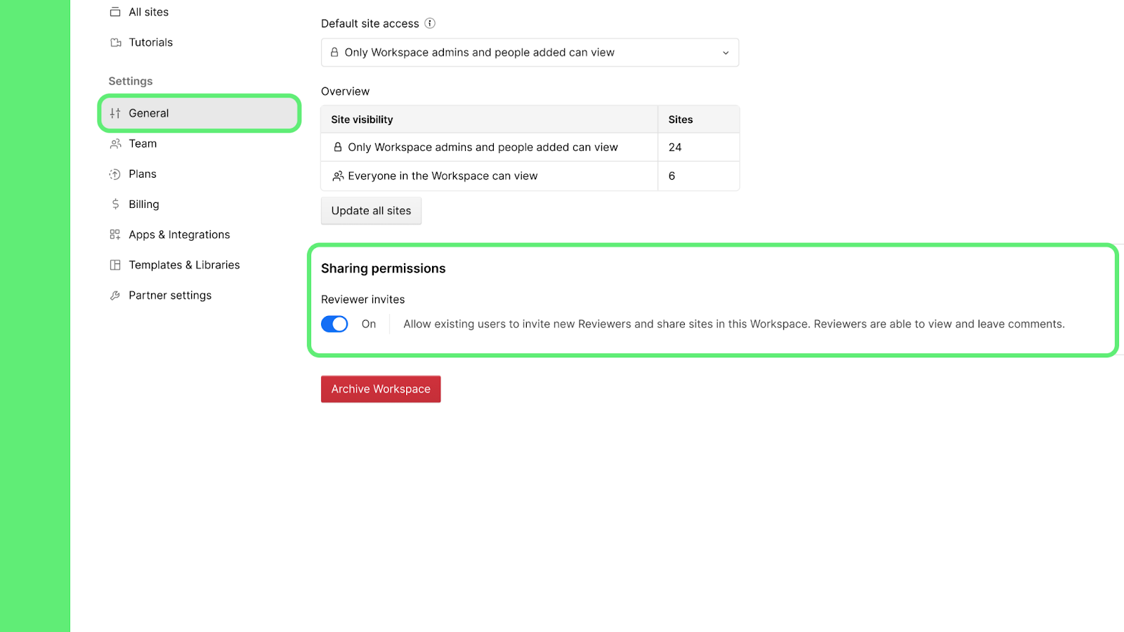 The 'sharing permissions' toggle allows you to turn off or on the ability for Workspace members to invite free Reviewers into Webflow.