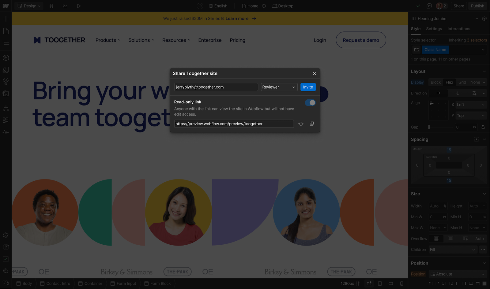 Now Workspace members can invite teammates to view and comment on sites in Webflow for free directly from the canvas.