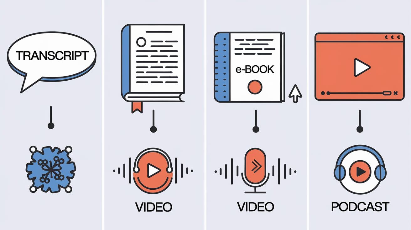 Illustrative images showing a transcript being transformed into different types of content.