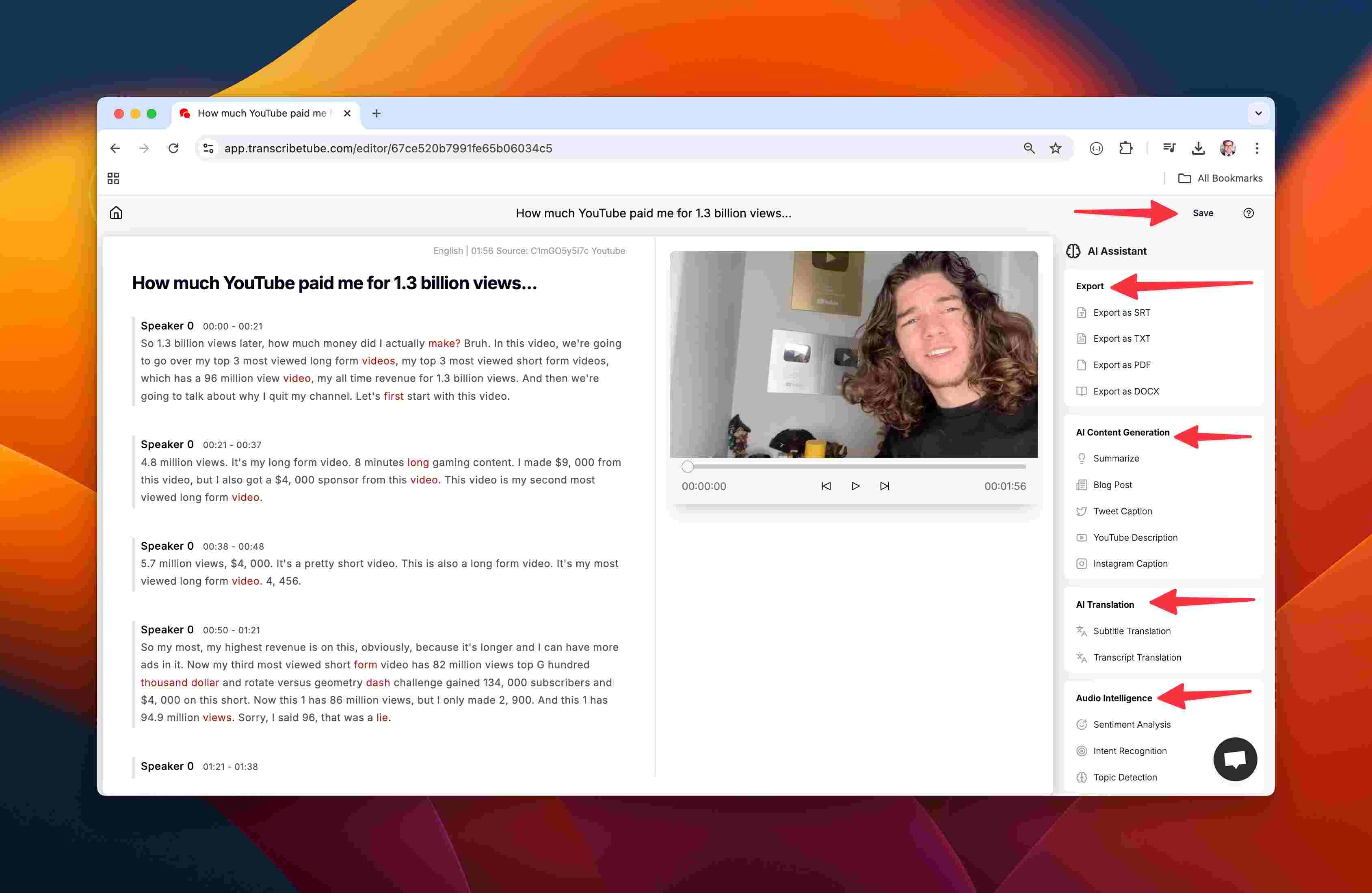edit youtube video transcript