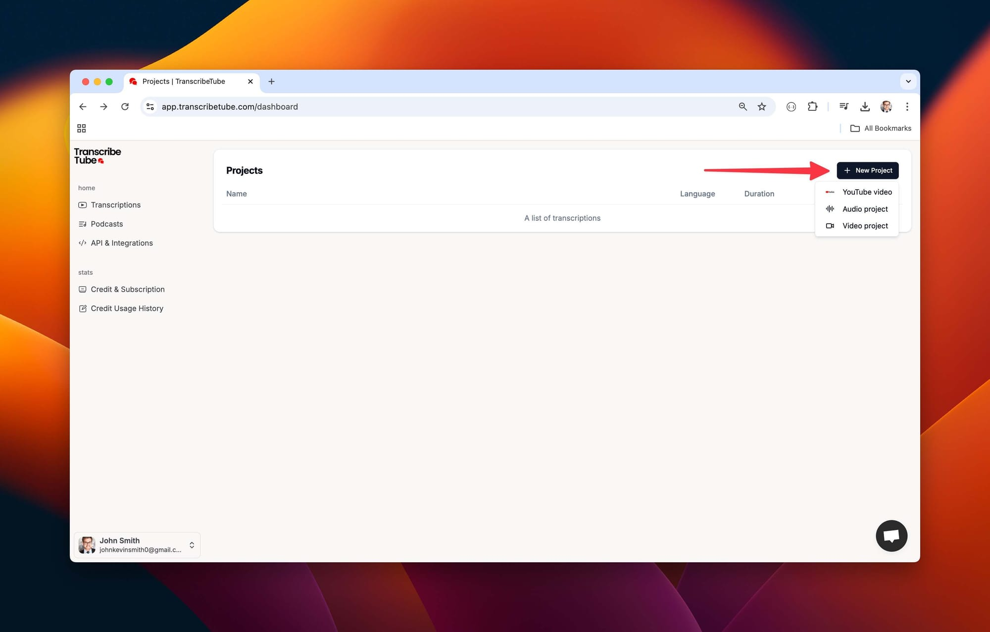 create new transcription project