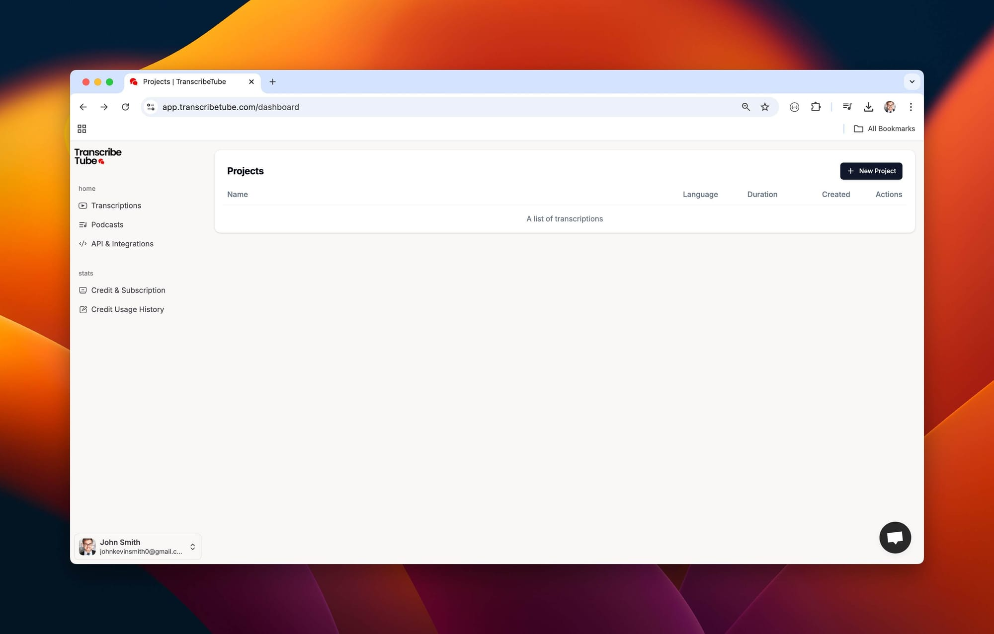 transcribetube dashboard