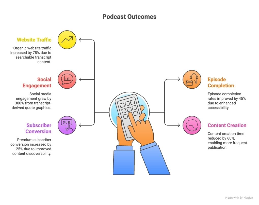 Measurable outcomes: 78% increase in organic website traffic due to searchable transcript content 45% improvement in episode completion rates attributed to enhanced accessibility 300% growth in social media engagement from transcript-derived quote graphics 60% reduction in content creation time enabling more frequent publication 25% increase in premium subscriber conversion due to improved content discoverability