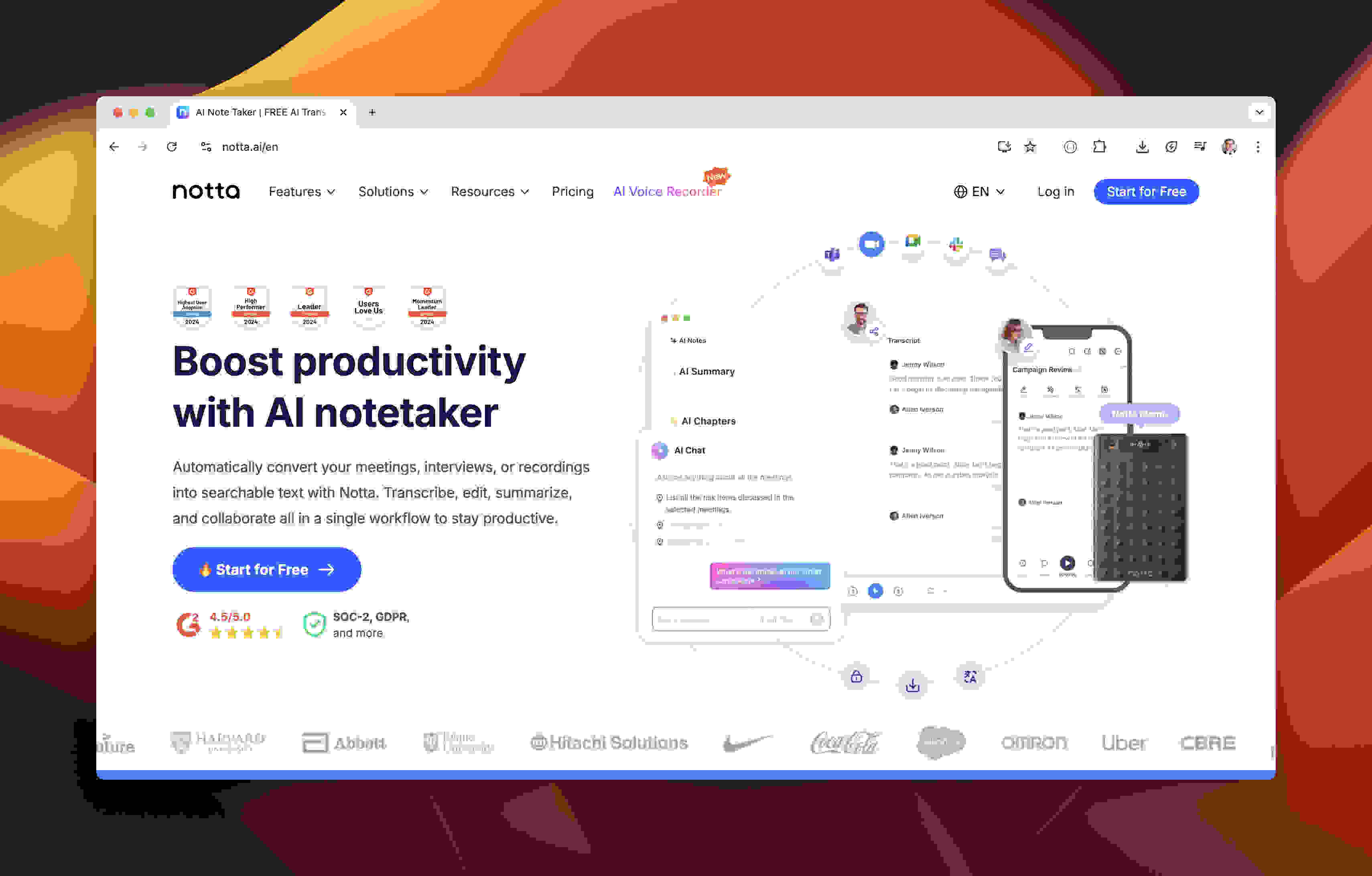 Notta.ai homepage for German speech to text