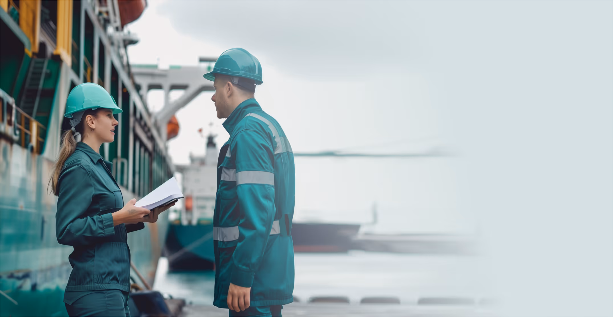 Two workers wearing green uniforms and hard hats having a discussion near a docked ship.