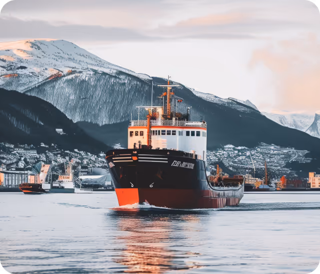 Cargo ship sailing in calm waters with snow-covered mountains and a coastal town in the background.