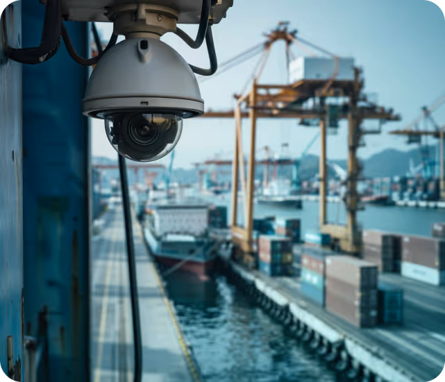 Security camera overlooking a busy shipping port with cranes and containers.