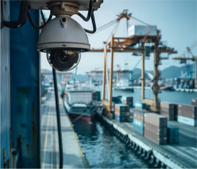 Security camera monitoring a busy shipping port with cranes and cargo containers along the waterfront.
