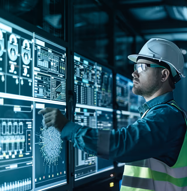 Engineer wearing a hard hat and safety vest interacting with a large digital control panel displaying various technical data and graphs in a control room.