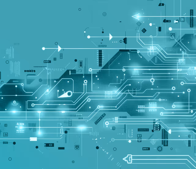 Abstract digital circuit board pattern with glowing lines and nodes on a teal background.