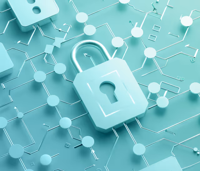 3D illustration of a padlock centered on an abstract network of connected nodes and lines representing digital security.