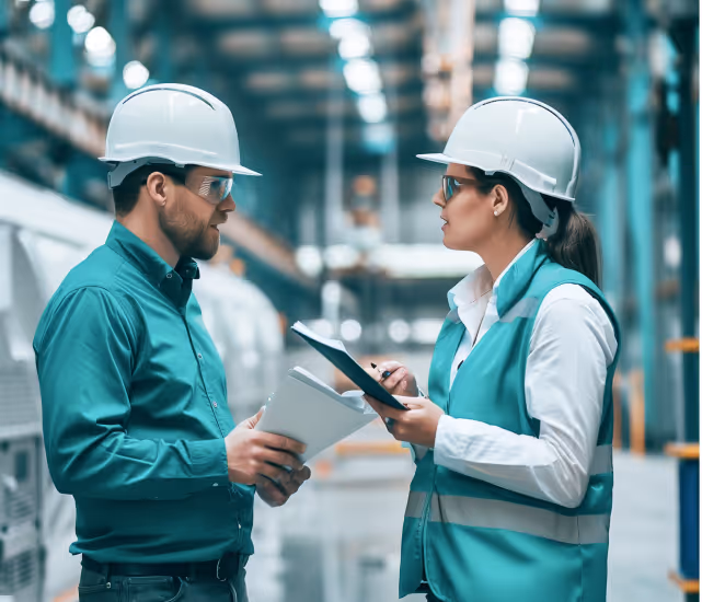 Two factory workers wearing white hard hats and safety glasses discussing work while holding documents inside an industrial facility.