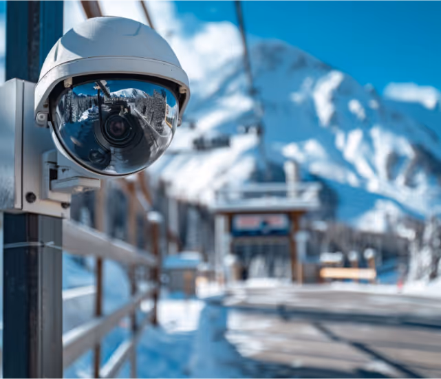 Outdoor security camera mounted on a pole overlooking a snowy mountain landscape with ski lift infrastructure.